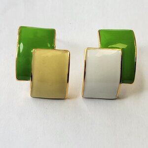 Small Mini Earrings in Green, Cream and White Enamel